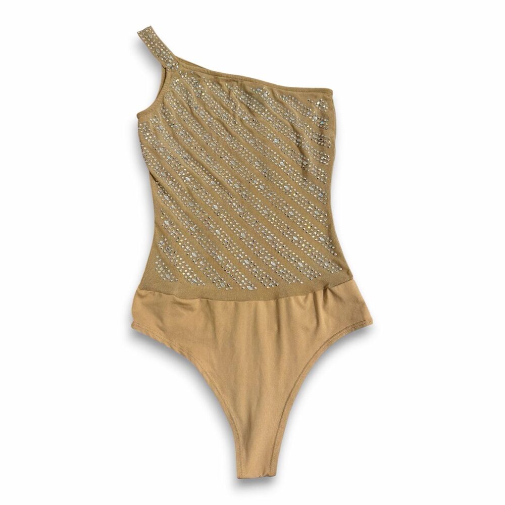 Windsor One-Shoulder Rhinestone Mesh Bodysuit in Beige/Nude | Size Small | NWT